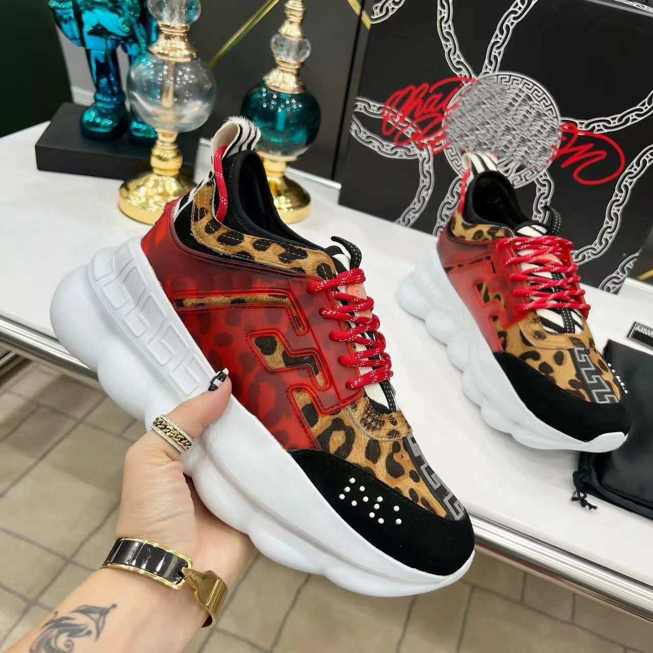 Versace Chain Reaction Blue and Yellow Baroque Print Chunky Sneakers - 10