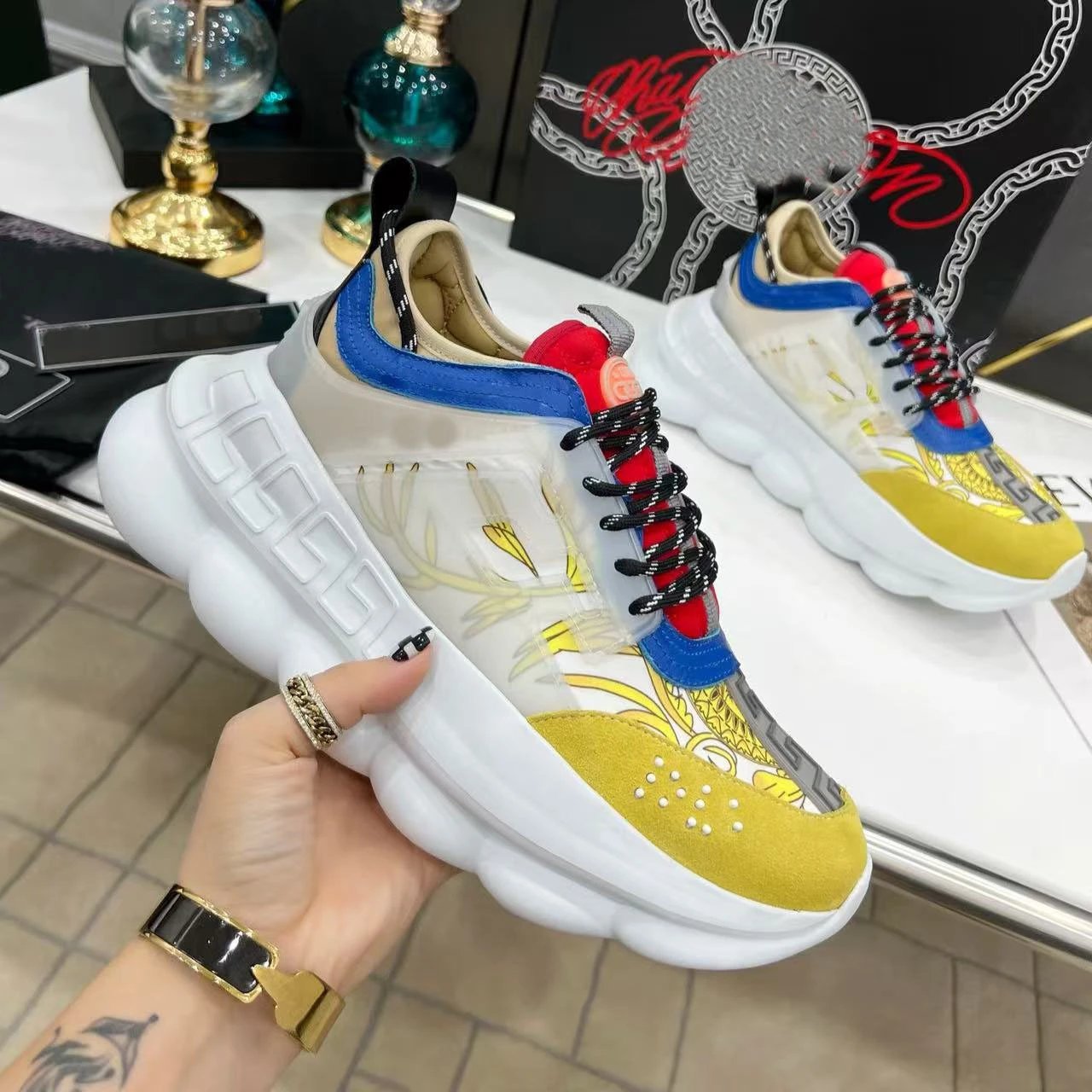 Versace Chain Reaction Blue and Yellow Baroque Print Chunky Sneakers - 4