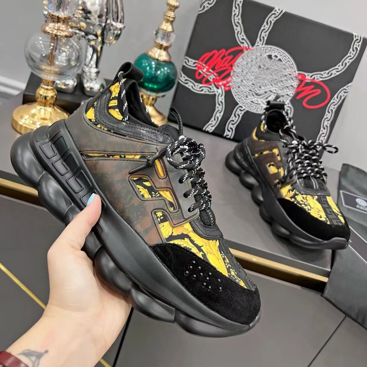 Versace Chain Reaction Blue and Yellow Baroque Print Chunky Sneakers - 8