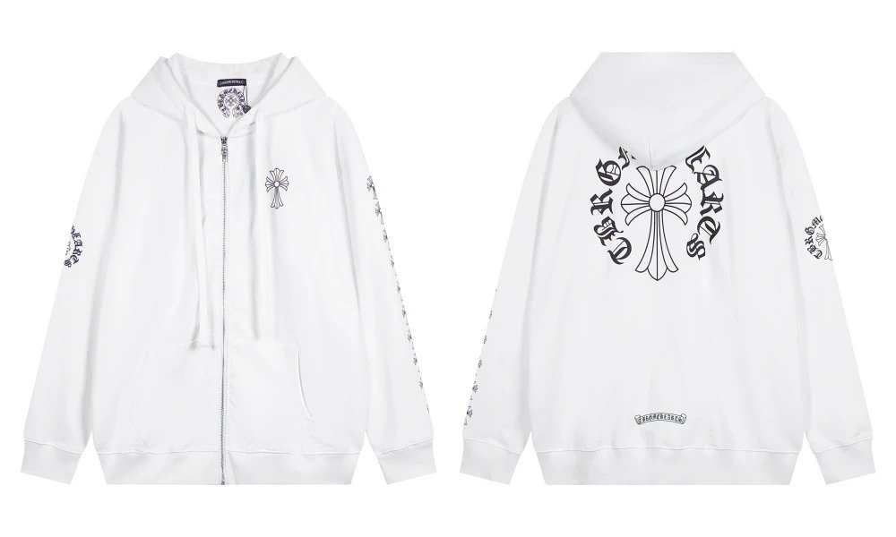 Chrome Hearts x The Rolling Stones White Hoodie with Blue Baroque Sleeve Print - 4