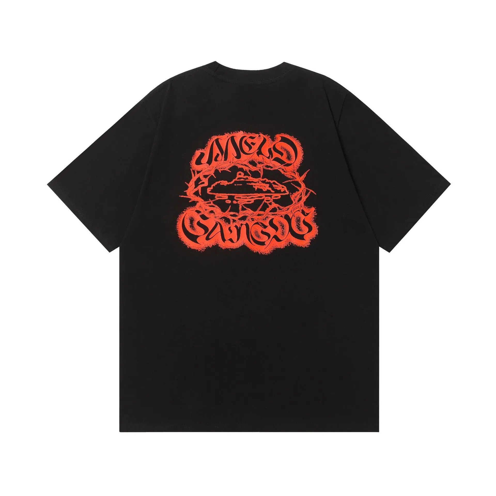 Design Graphic Print Black T-Shirt with Neon Orange Thorned Logo - 1