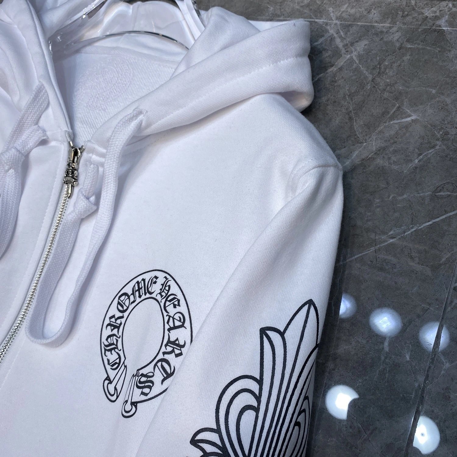 Design Hoodie White with Red Sleeve Logos - 10