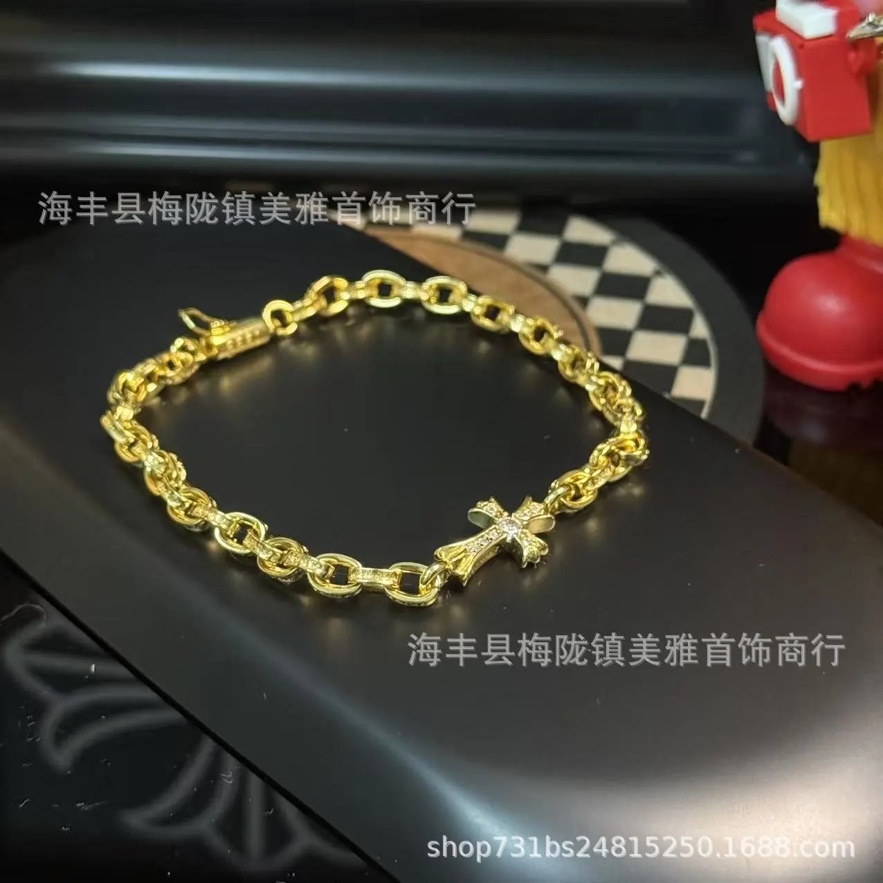 Chrome Hearts Cross Pendant Link Bracelet Gold Jewelry - 10