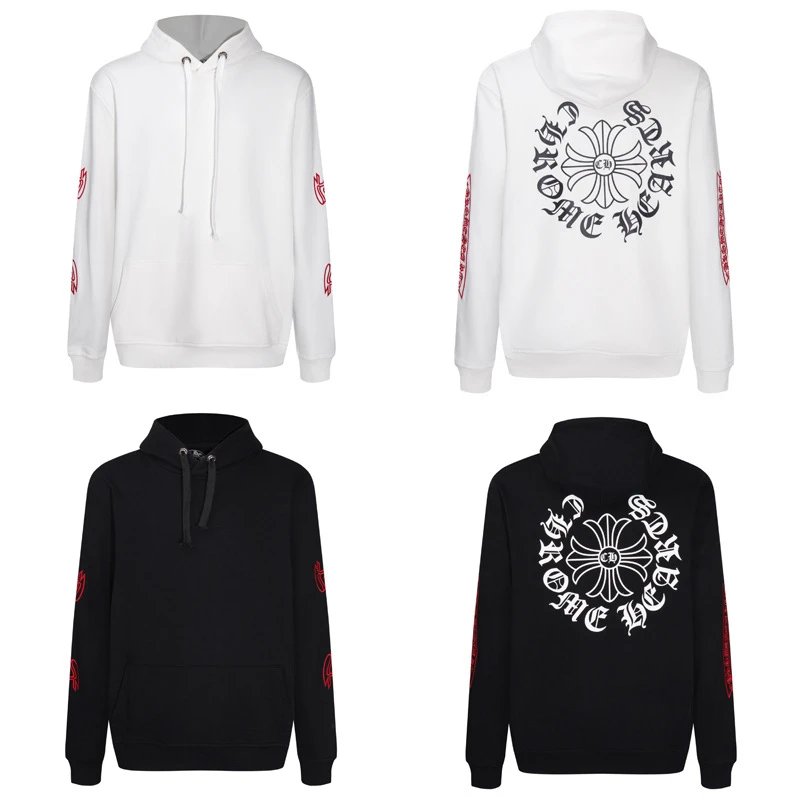 Design Hoodie White with Red Sleeve Logos - 64