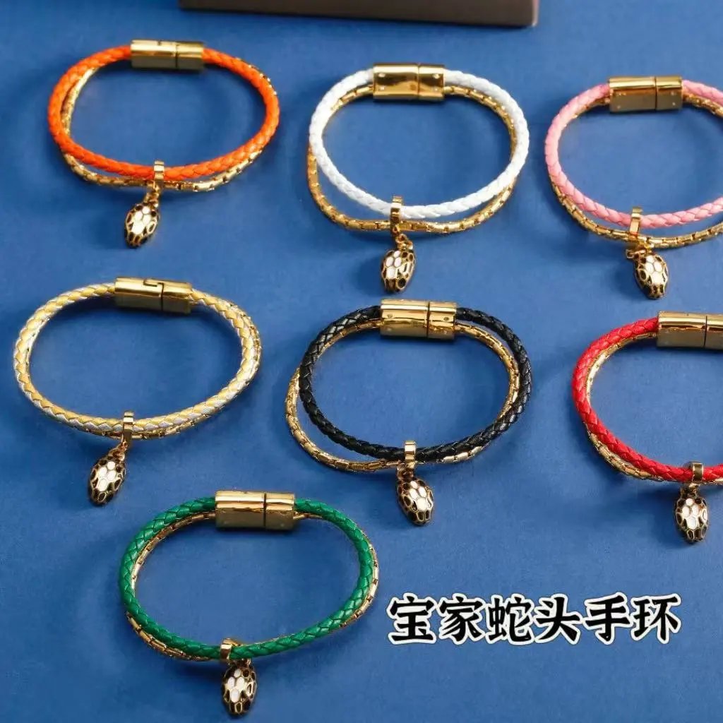 Design Braided Leather Snake Charm Bracelet Black and Gold Jewelry - 3