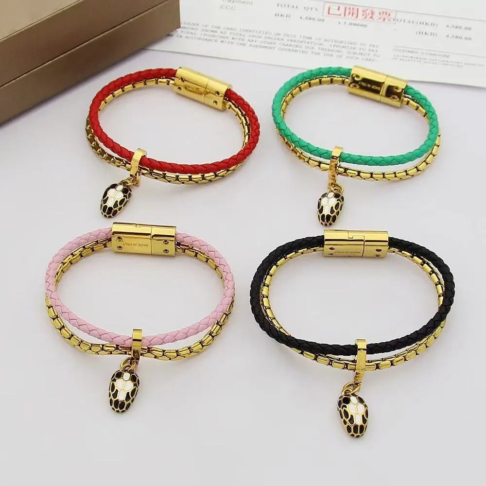 Design Braided Leather Snake Charm Bracelet Black and Gold Jewelry - 5
