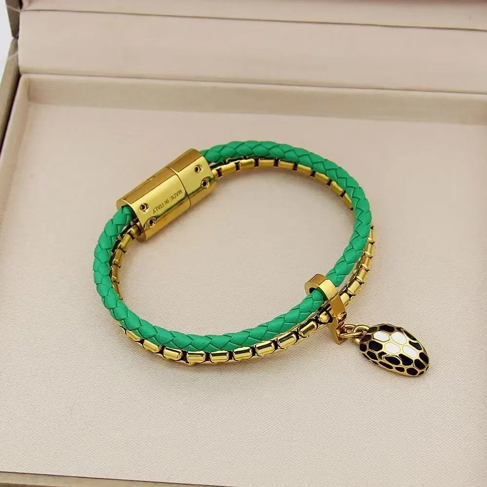 Design Braided Leather Snake Charm Bracelet Black and Gold Jewelry - 9