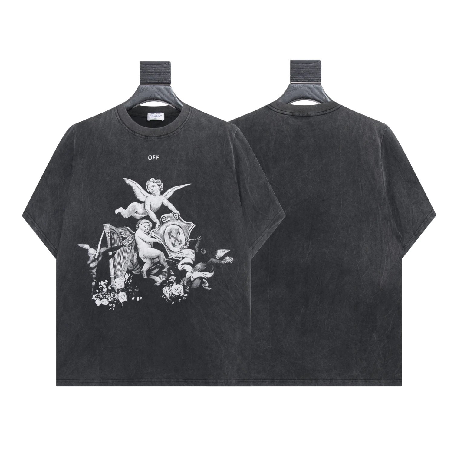 Off-White Cherub Print Washed Black T-Shirt - 1