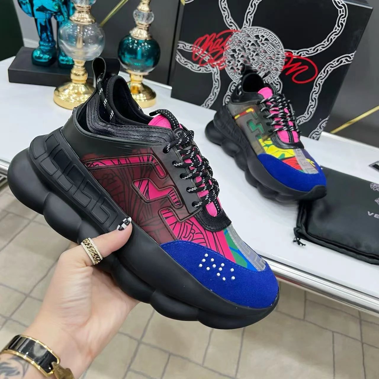 Versace Chain Reaction Blue and Yellow Baroque Print Chunky Sneakers - 3