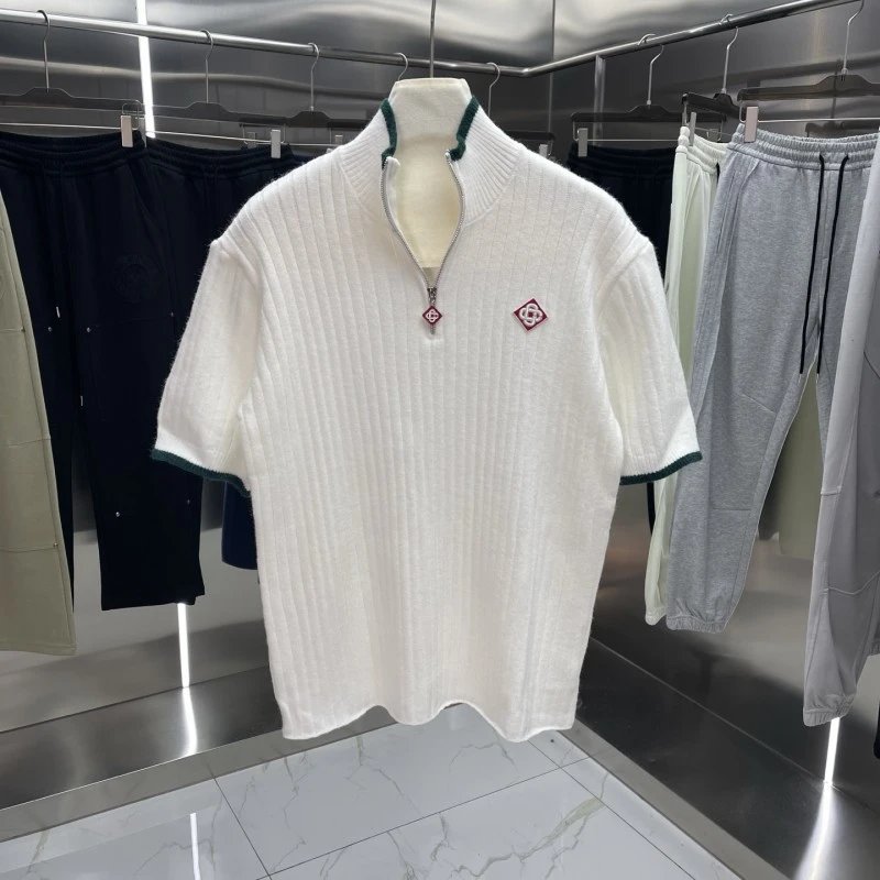 Design Striped Knit Polo Shirt in Brown Beige White - 13