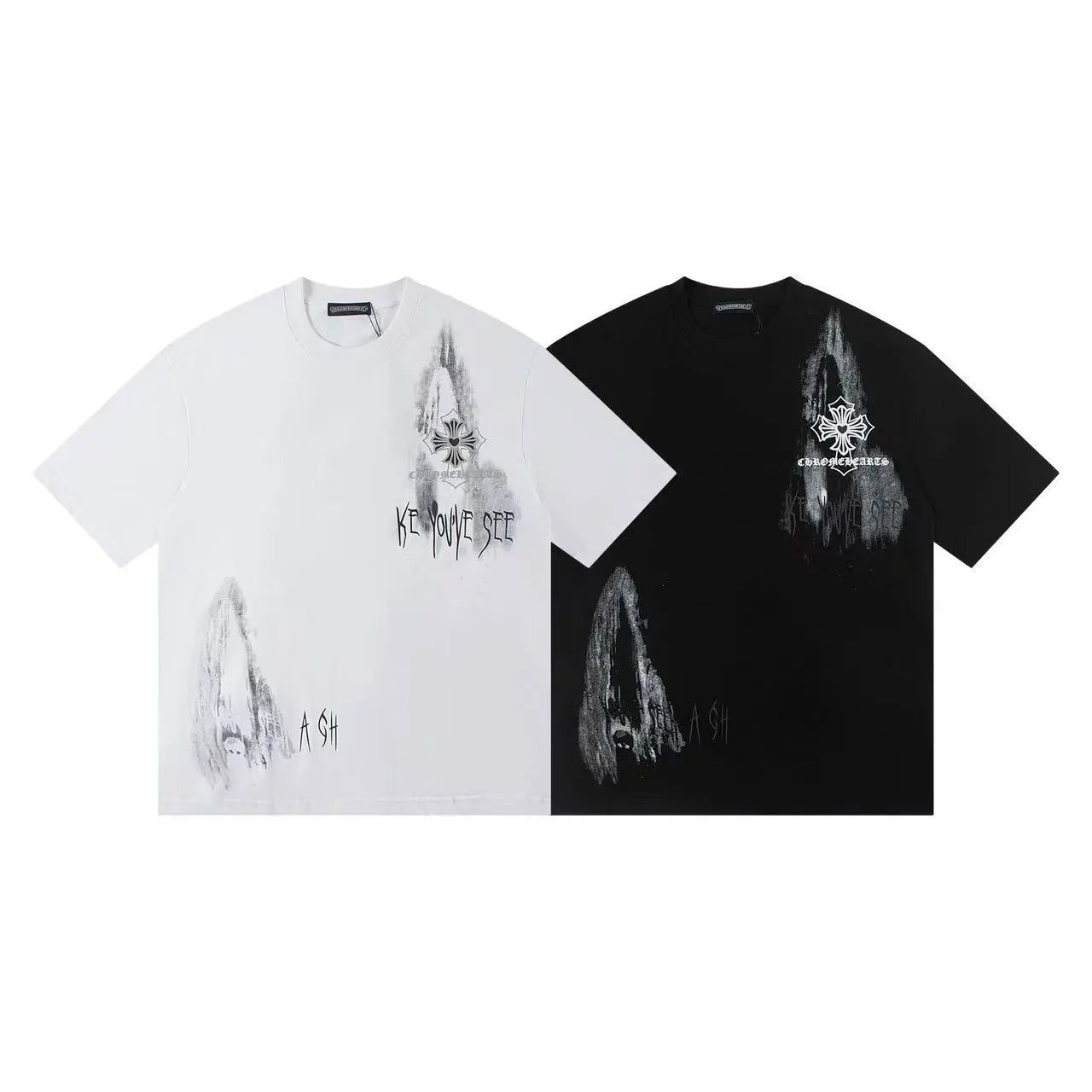 Design Crystal Embellished Splatter Print T-Shirt Black - 5
