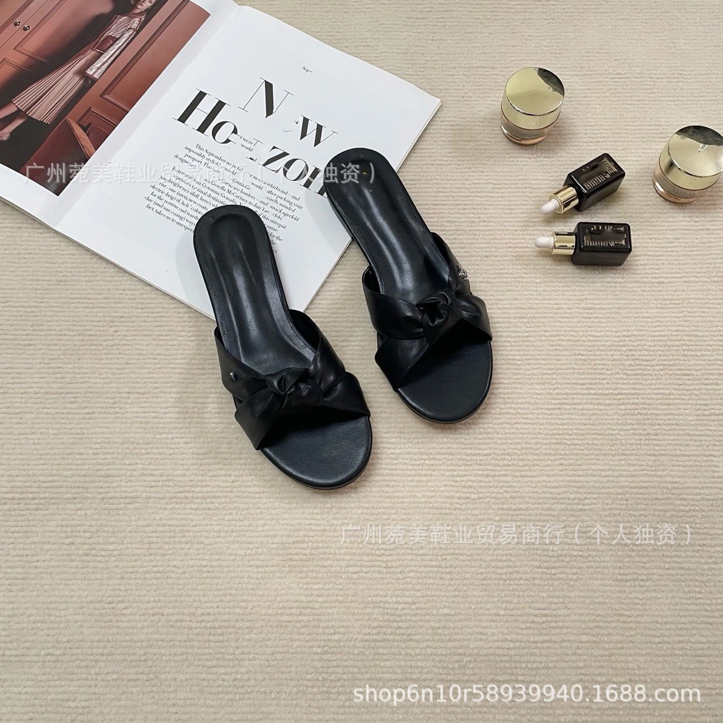Design Bow-Knot Flat Slide Sandals Beige Slippers - 6