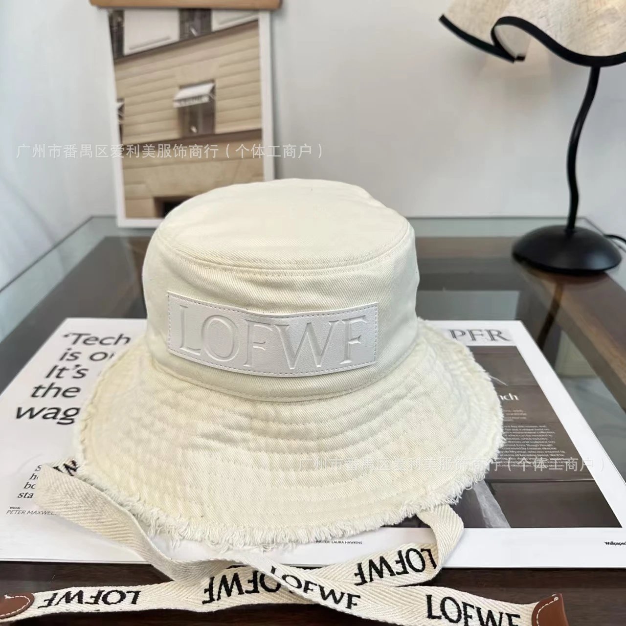 Unbranded Hats Frayed-brim bucket hat with logo-style patch and printed chin strap image 2
