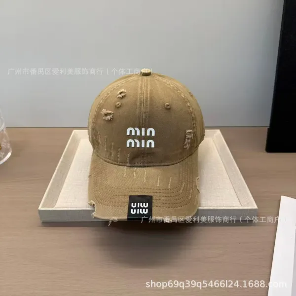 Miu Miu Distressed Logo Baseball Cap Beige - 1