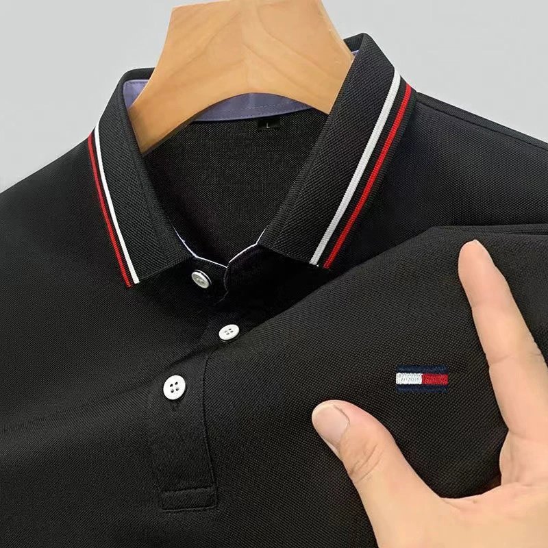 Design Polo Shirt Black with Red-White Trim and Flag Logo Tops Polo - 8