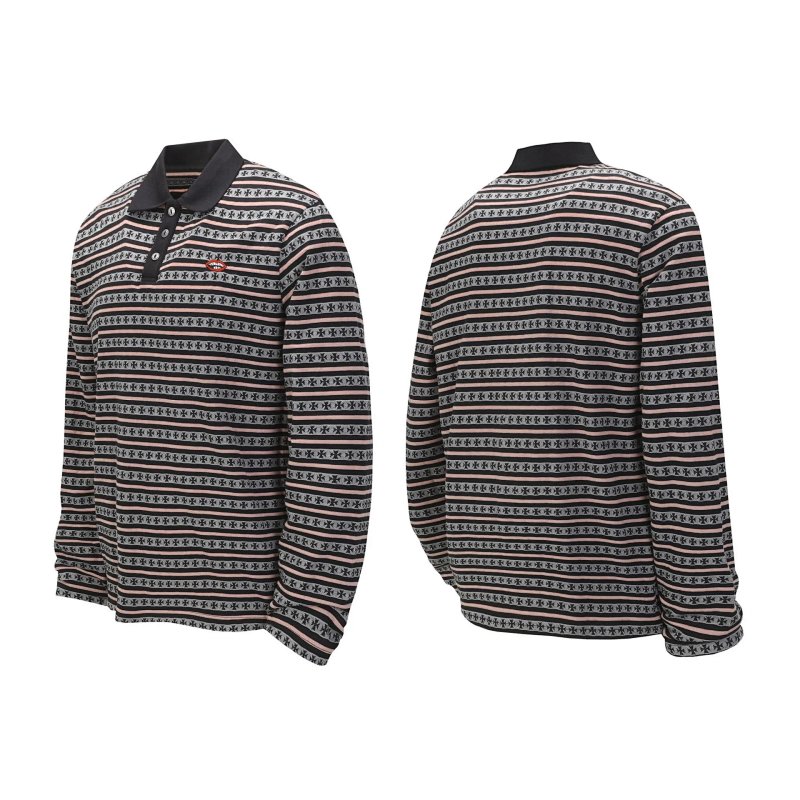 Long Sleeve Polo Shirt with Geometric Stripe Pattern Multicolor