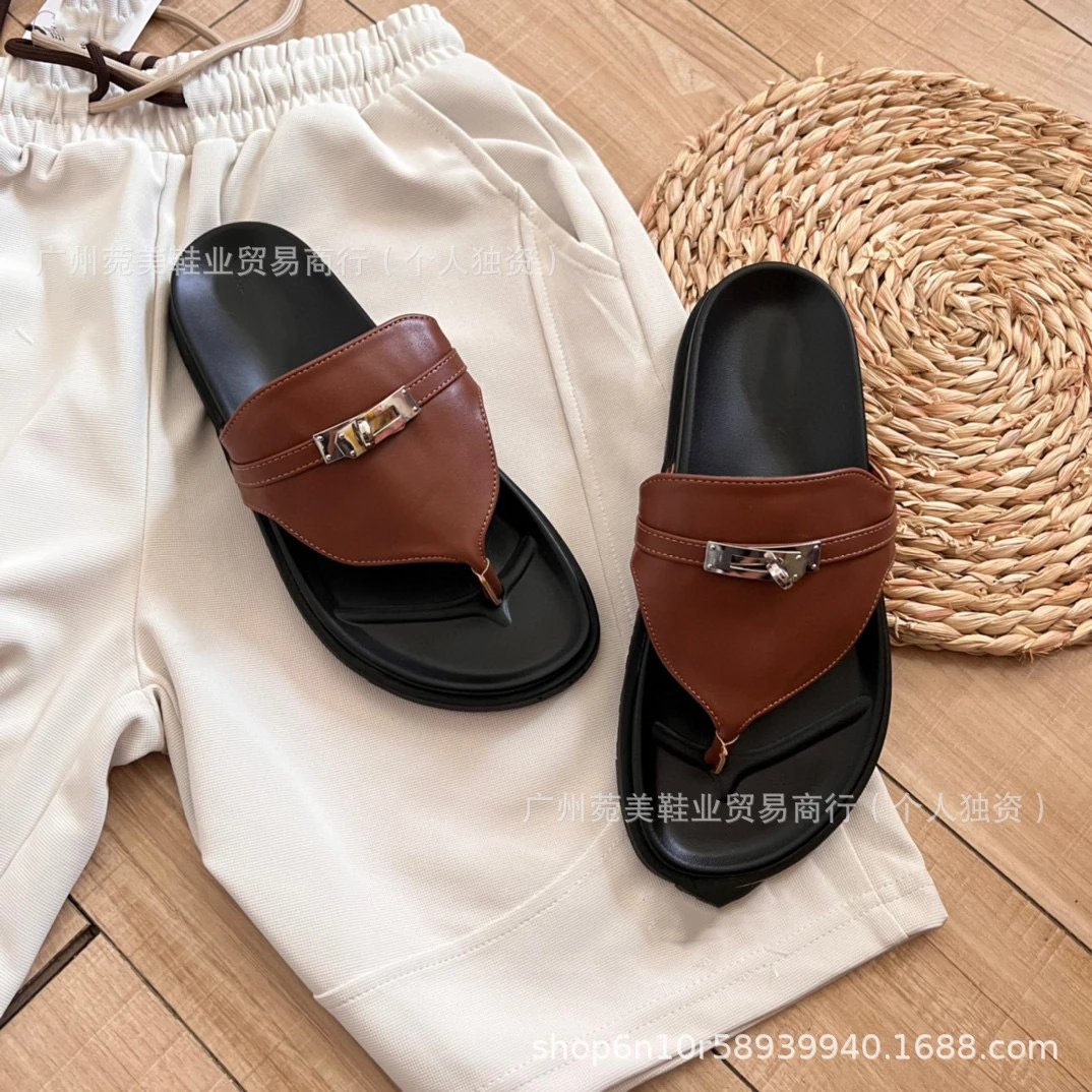 Design Suede Slide Sandals Brown Black Slippers - 5