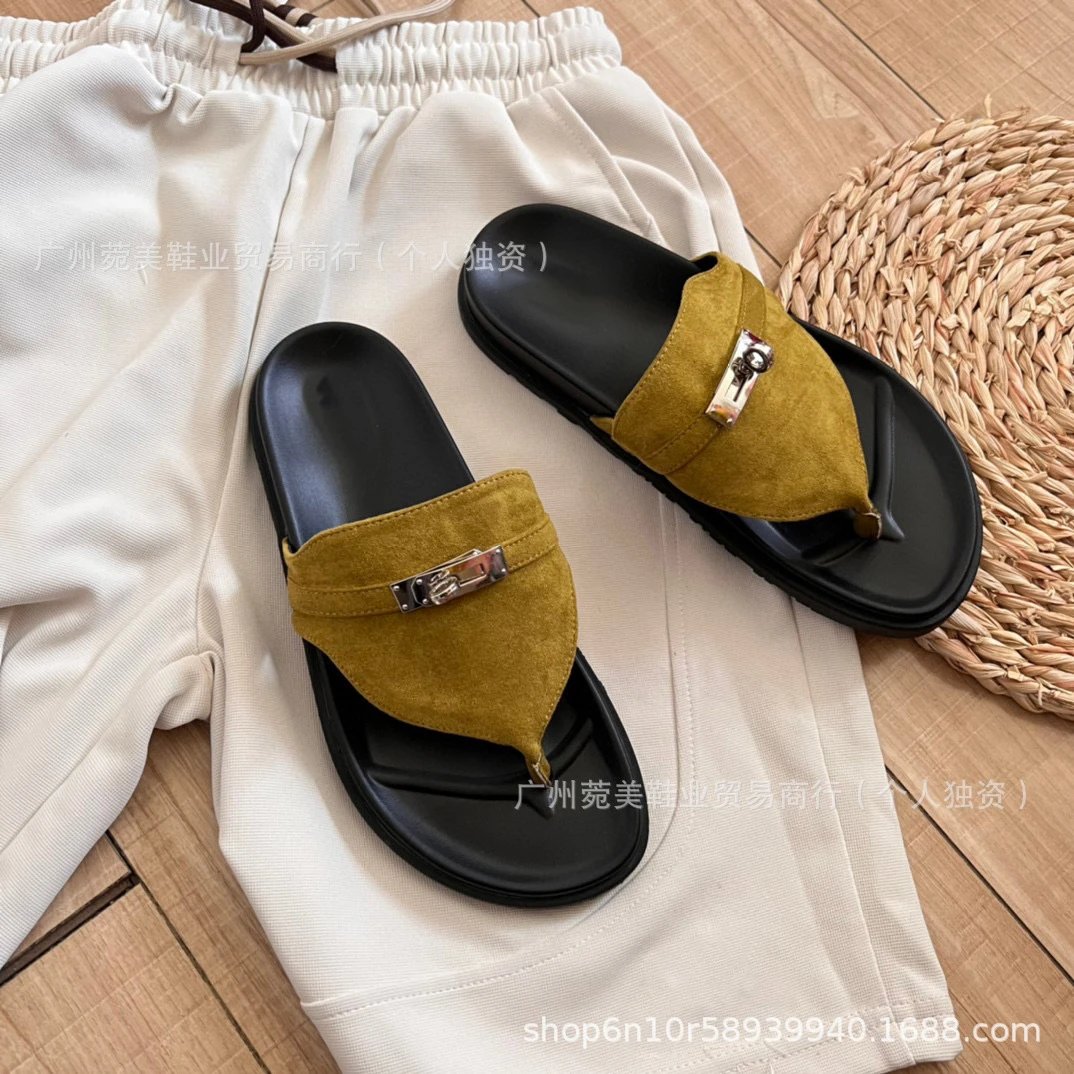 Design Suede Slide Sandals Brown Black Slippers - 7
