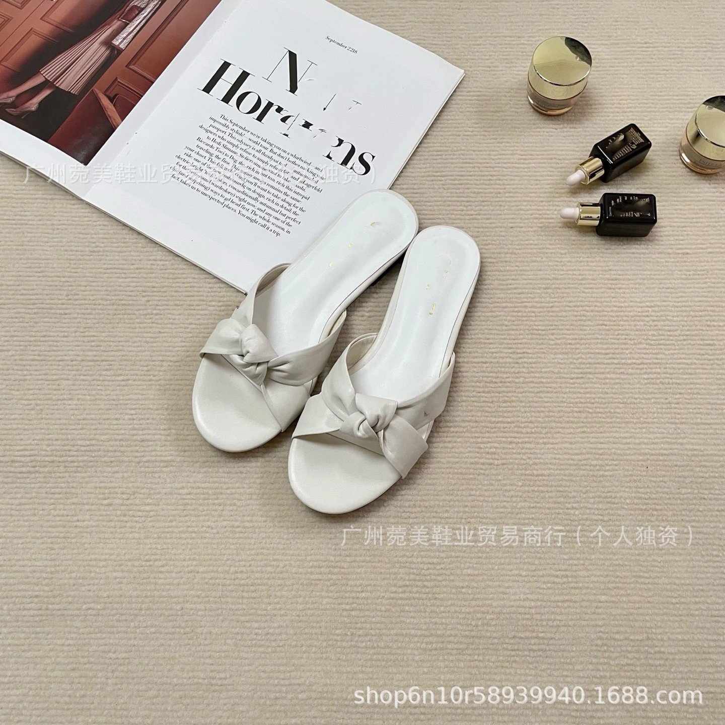 Design Bow-Knot Flat Slide Sandals Beige Slippers - 5