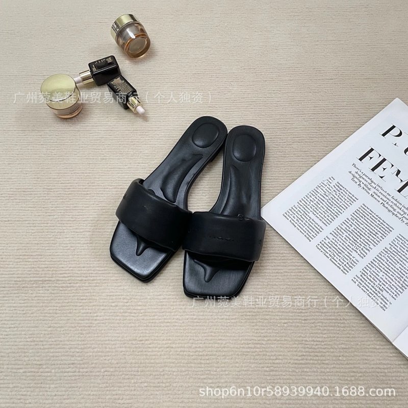 Square-Toe Chunky Slide Sandals Black Slippers