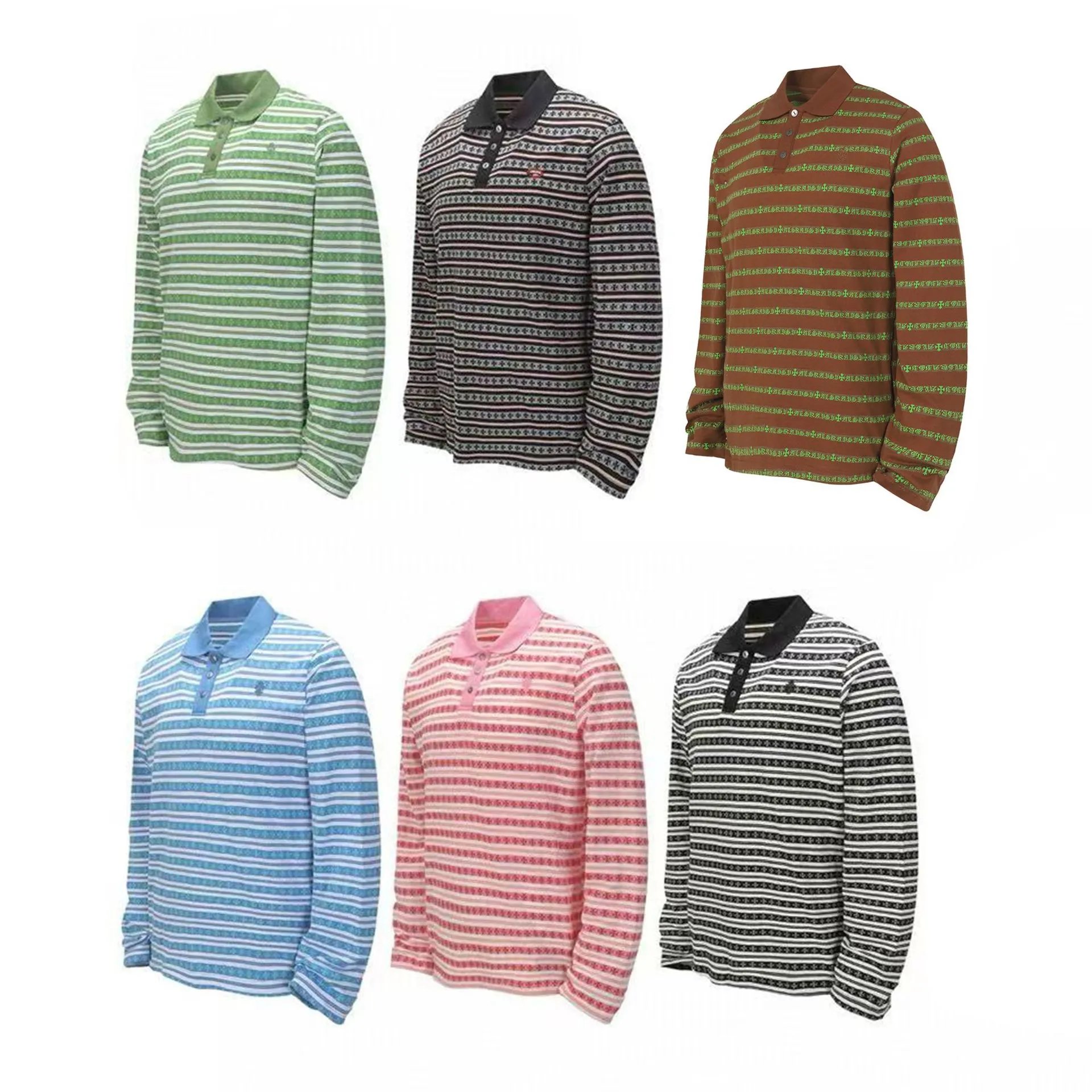 Design Long Sleeve Polo Shirt with Geometric Stripe Pattern Multicolor Tops Polo - 23