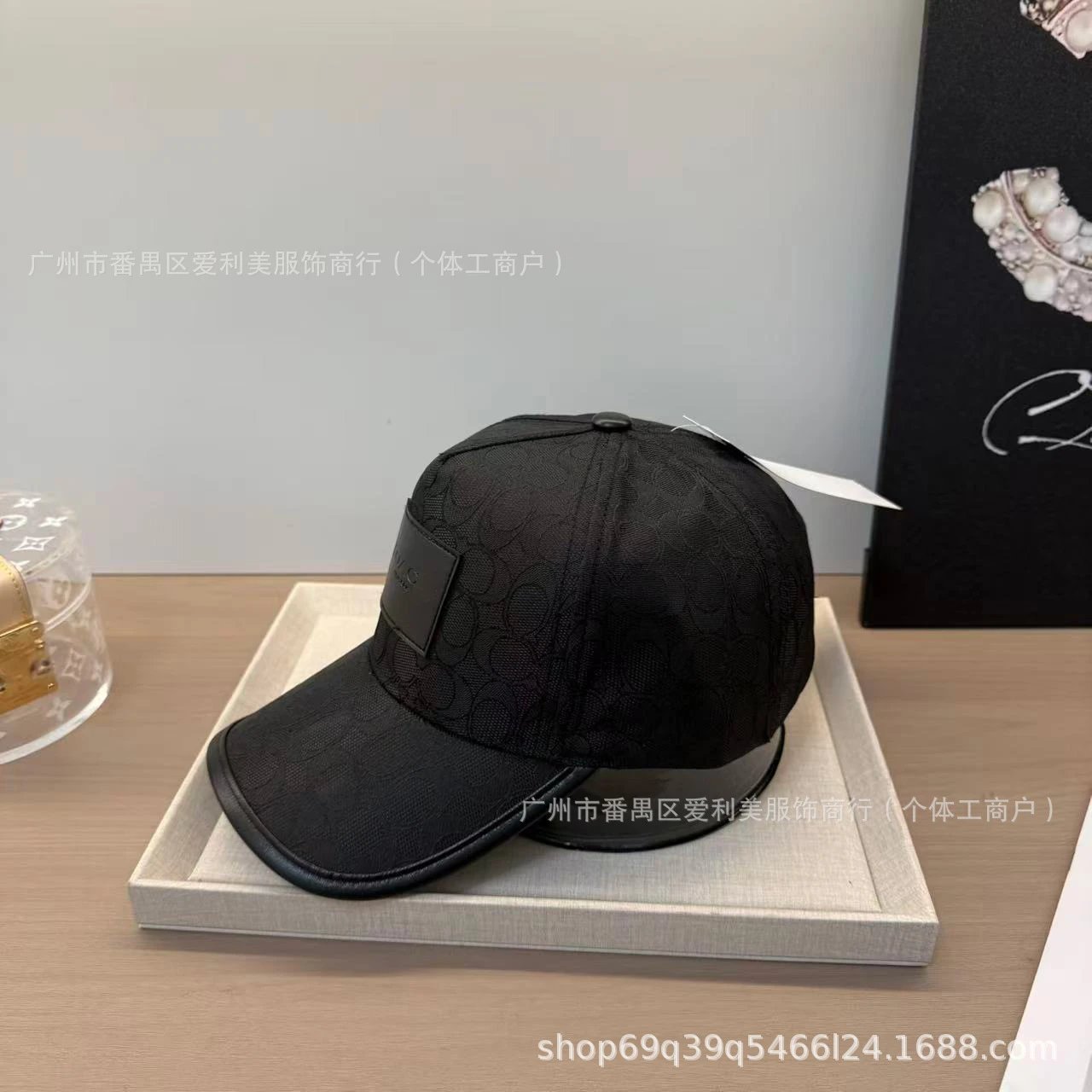 Coach Hats Baseball Cap with All-Over C Pattern and Leather Logo Patch — Black