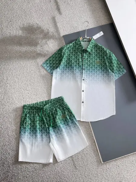 Design Gradient Diamond Pattern Short-Sleeve Shirt and Shorts Set Green-to-White - 1