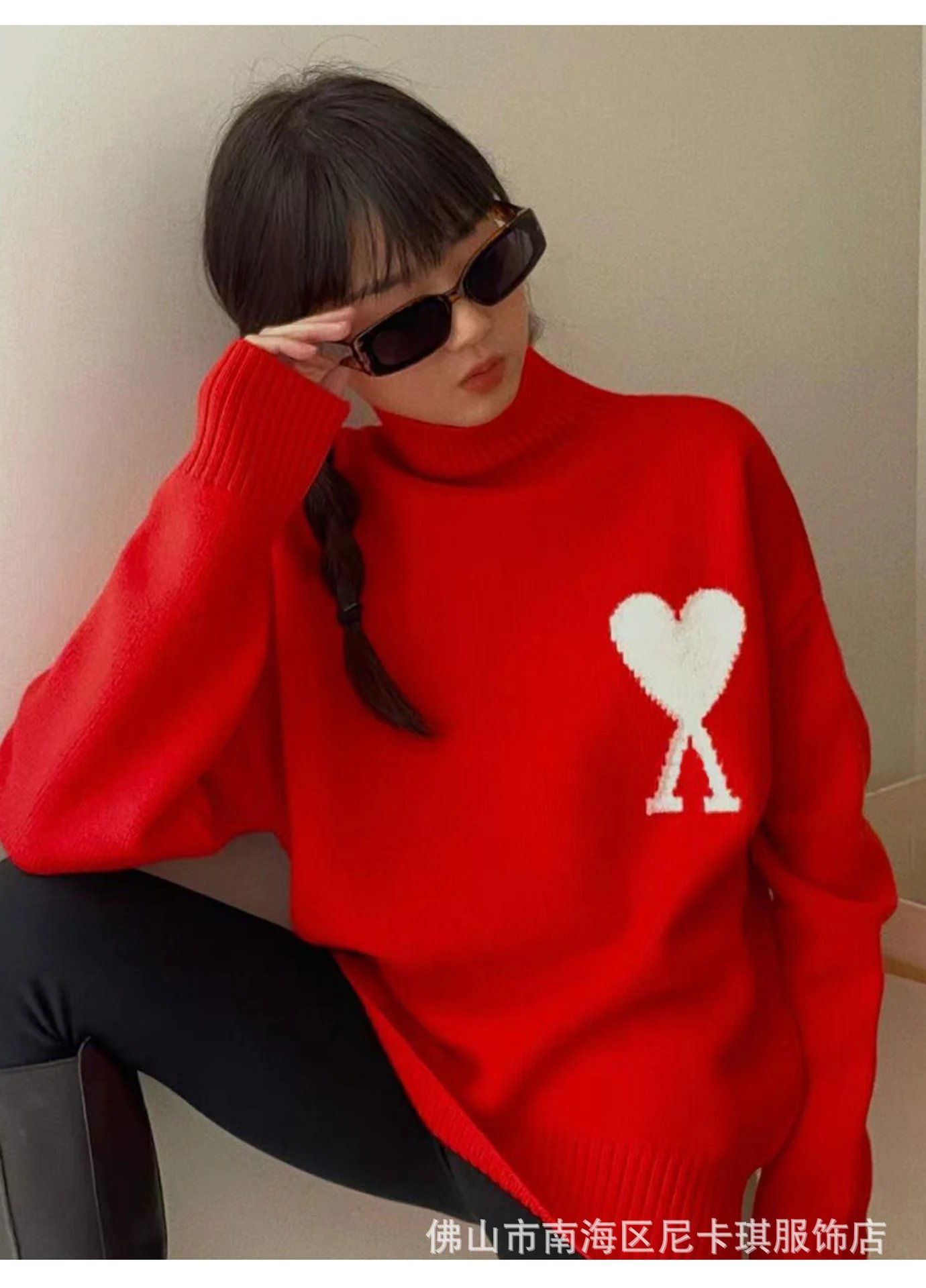 Ami Paris Heart Logo Turtleneck Sweater Forest Green - 15