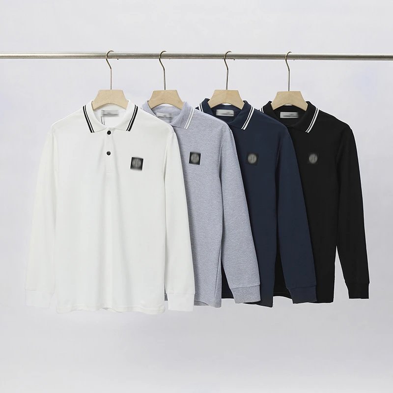 Design Long Sleeve Polo Navy with White Trim and Minimalist Patch Tops Polo - 3