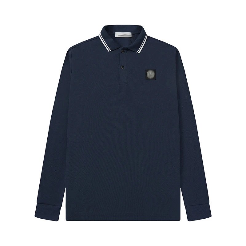 Design Long Sleeve Polo Navy with White Trim and Minimalist Patch Tops Polo - 4