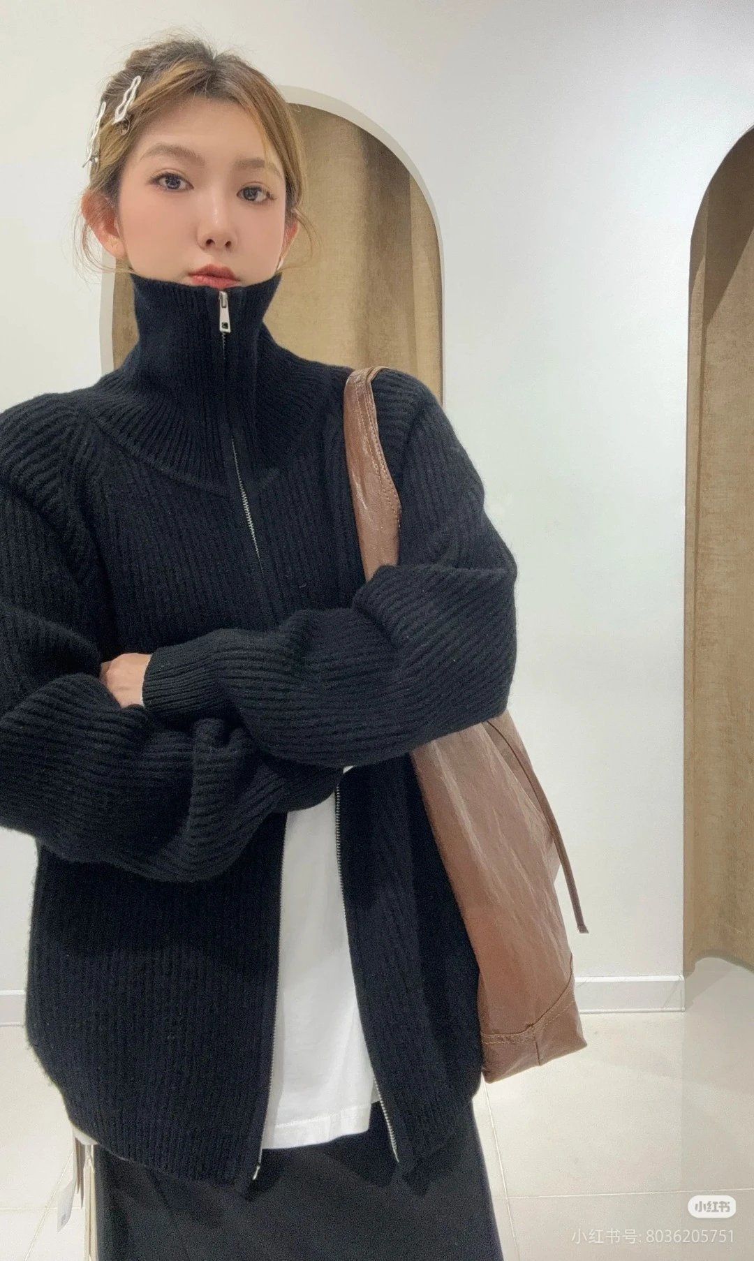 Design Ribbed Zip-Neck Sweater Black - 25