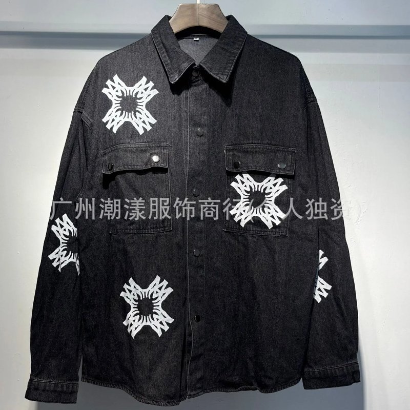 Denim Shirt with Abstract Star Print Black Denim