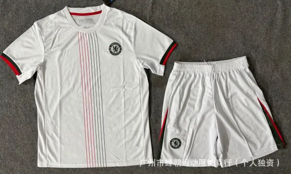Chelsea FC White Away Kit with Red and Black Stripes Jersey and Shorts Sets - 1