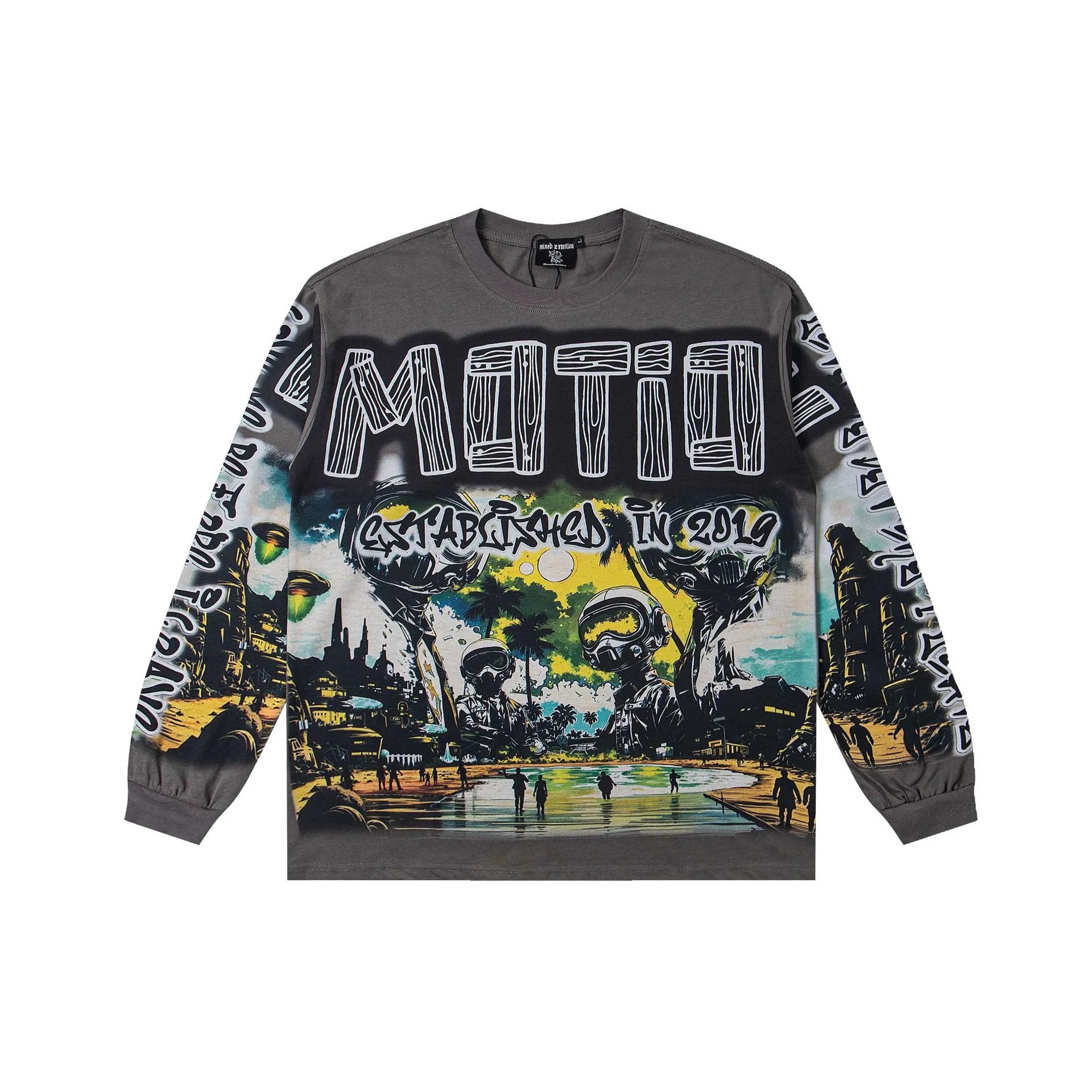 Design Mixed Emotion Motif Established in 2019 Long Sleeve Graphic Tee Black T-Shirts - 22