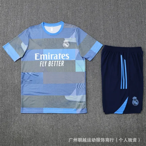 Real Madrid Training Kit Blue-Gray Patchwork Jersey and Navy Shorts Set - 1