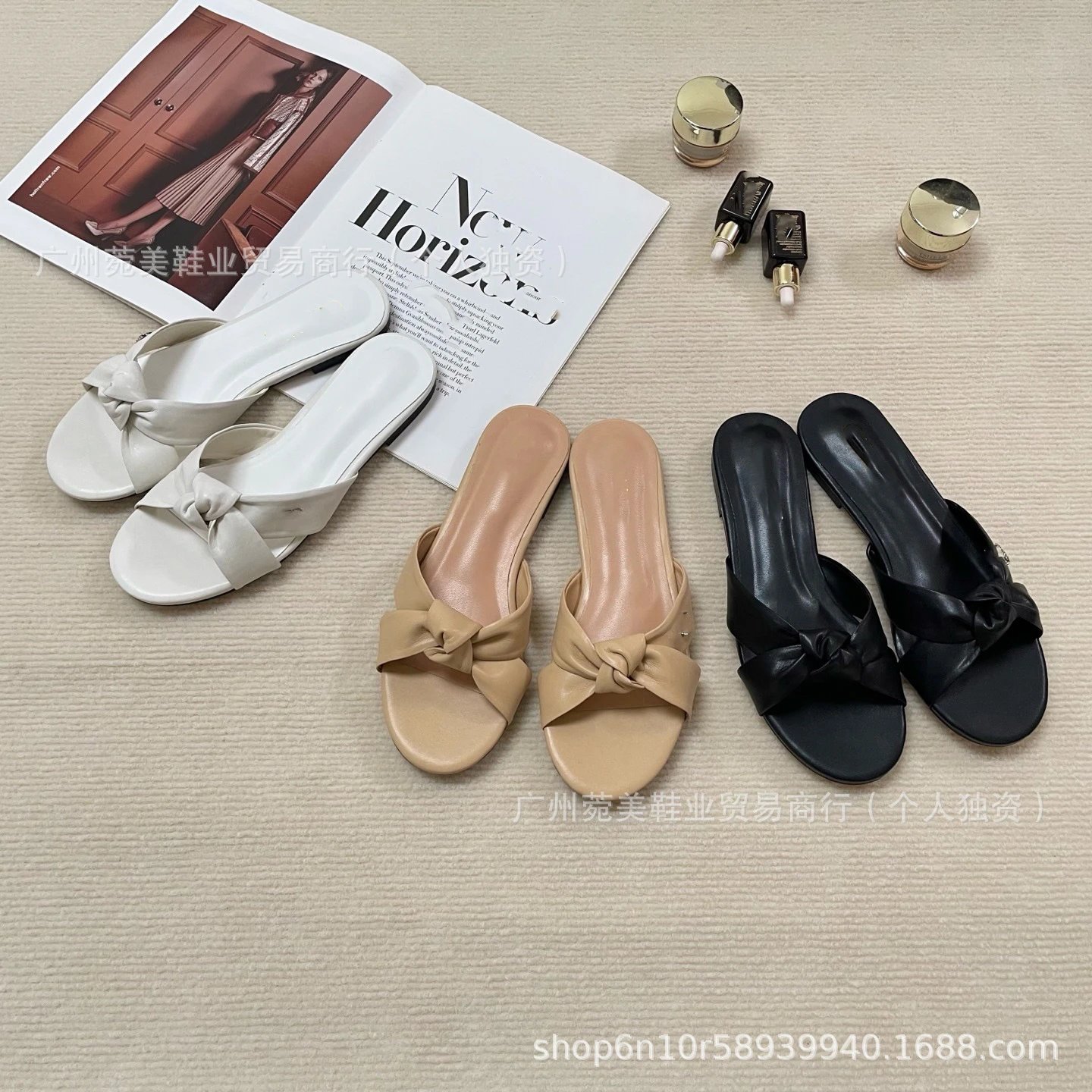 Design Bow-Knot Flat Slide Sandals Beige Slippers - 4
