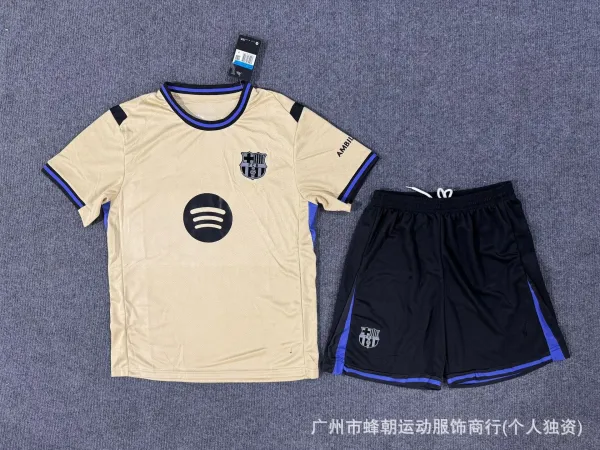 FC Barcelona x Spotify 2024-25 Third Kit Beige Jersey and Black Shorts Set - 1
