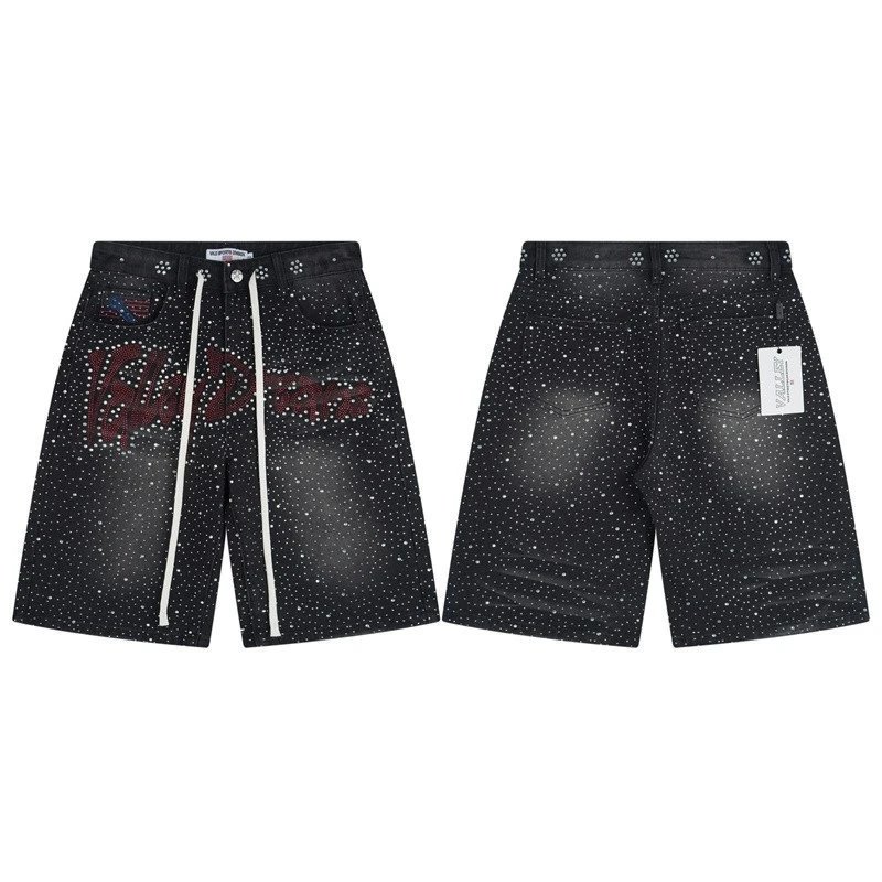 Vale Valley Forever Shorts Washed Denim Drawstring with Rhinestone Logo Embroidery image 4