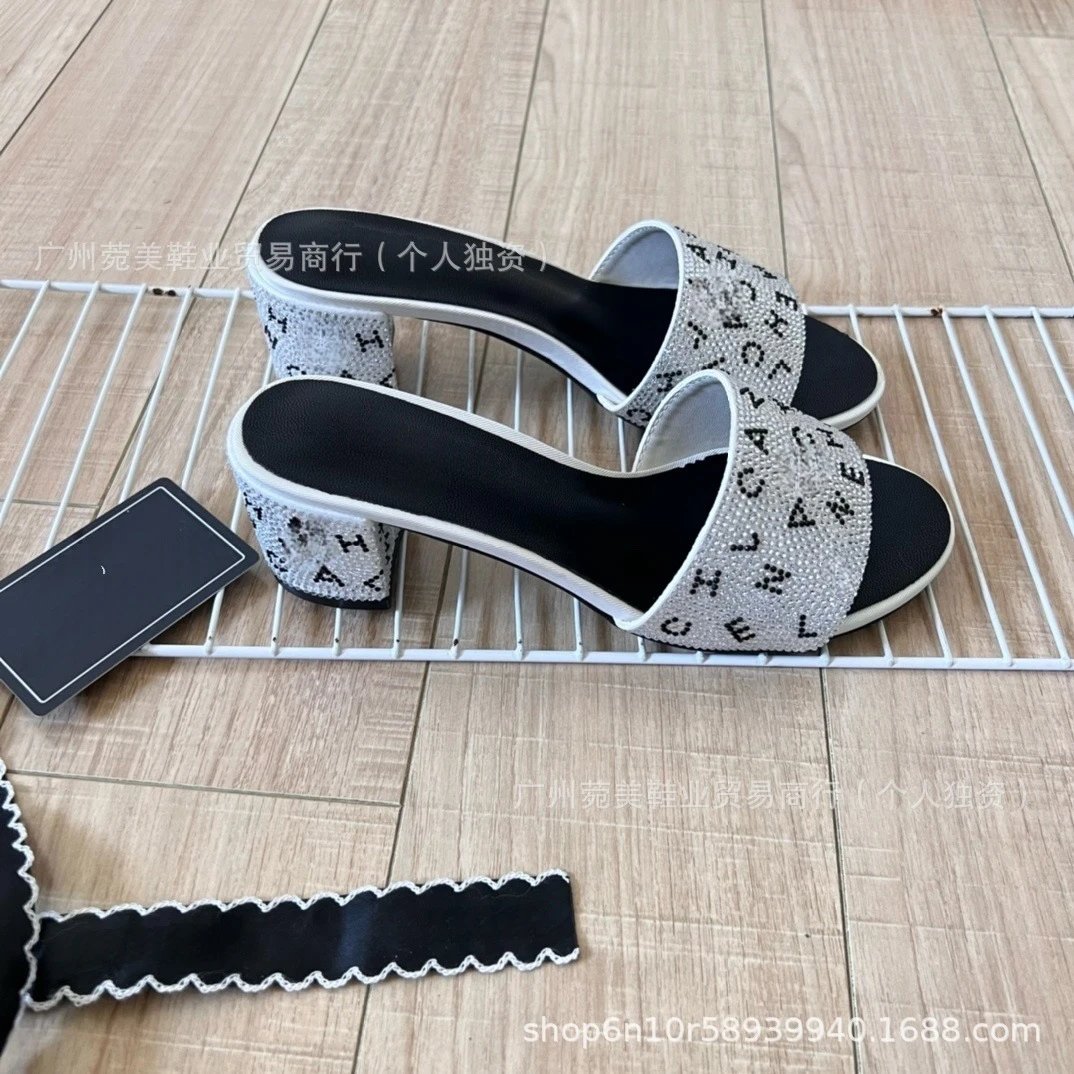 Design Crystal-Embellished Logo Slide Sandals Black and Silver Slippers - 5