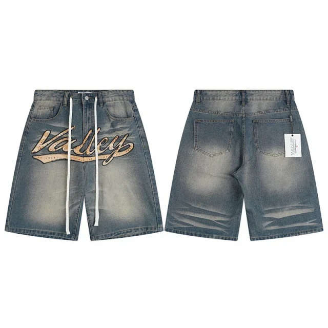 Vale Valley Forever Shorts Washed Denim Drawstring with Rhinestone Logo Embroidery product detail image 13