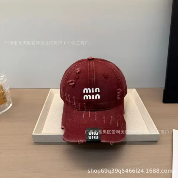 Miu Miu Distressed Denim Baseball Cap Burgundy - 1