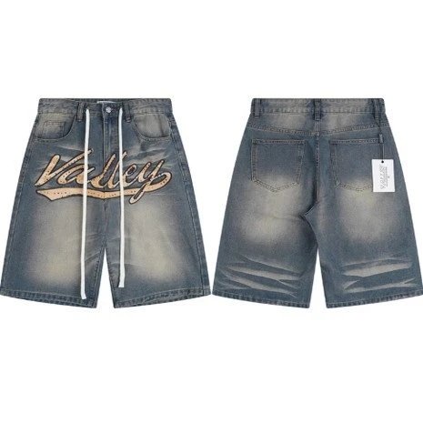 Vale Valley Forever Shorts Washed Denim Drawstring with Rhinestone Logo Embroidery image 2