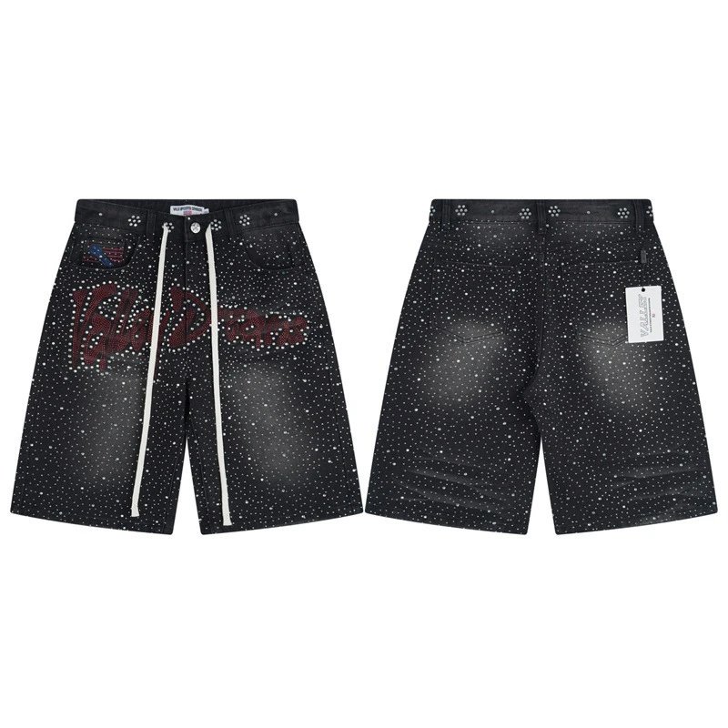 Vale Valley Forever Shorts Washed Denim Drawstring with Rhinestone Logo Embroidery — V807 Black