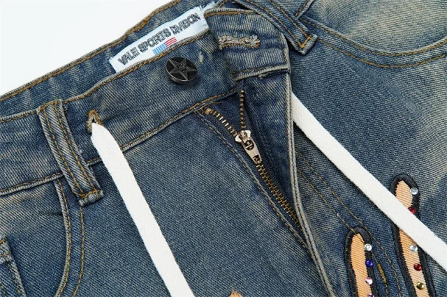 Vale Valley Forever Shorts Washed Denim Drawstring with Rhinestone Logo Embroidery product detail image 15