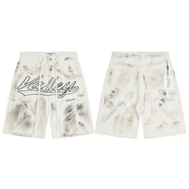 Vale Valley Forever Shorts Washed Denim Drawstring with Rhinestone Logo Embroidery product detail image 23