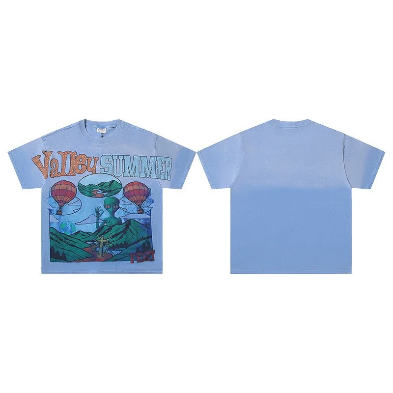 VALE T-Shirts Washed graphic print short-sleeve T-shirt — v 038 blue