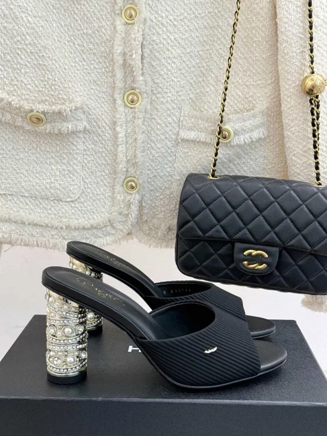 Unbranded High Heels Ribbed Open-Toe Rhinestone Heel Mules product detail image 5