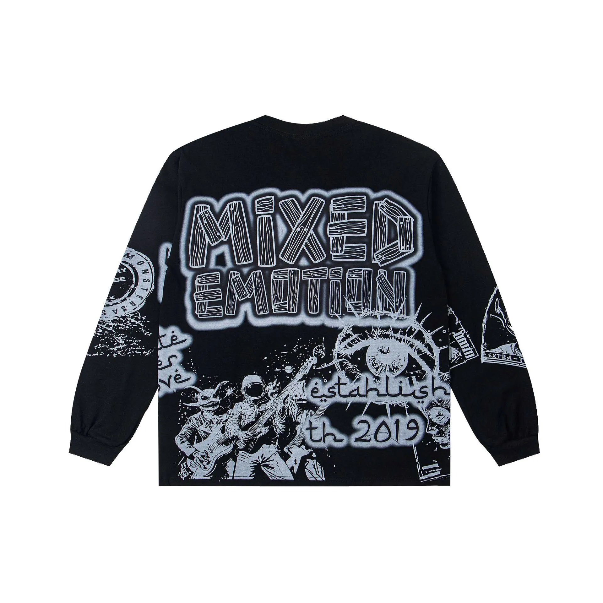 Design Mixed Emotion Motif Established in 2019 Long Sleeve Graphic Tee Black T-Shirts - 4