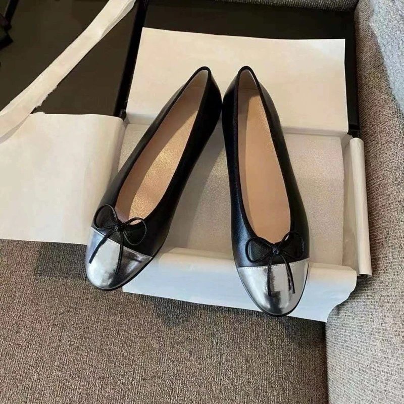 Chanel Ballerina Flats Silver Metallic Bow Detail Flat Shoes Loafers - 7