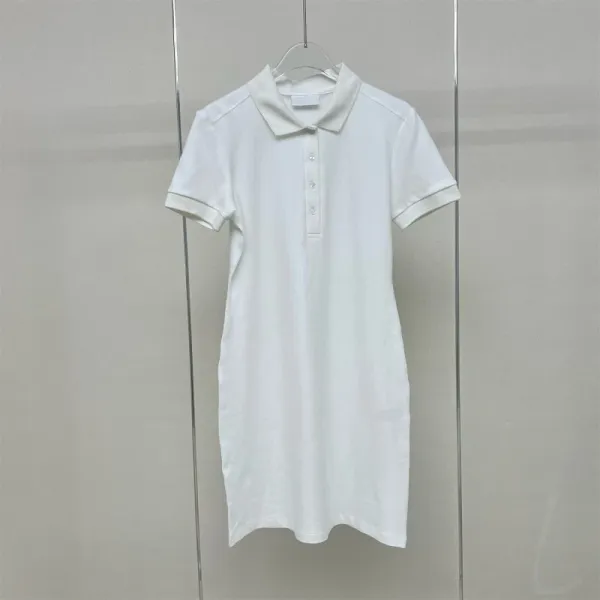Design White Polo Dress with Ribbed Cuffs and Button Placket Dress - 1